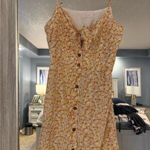 Pink Lily Tie Front Buttoned Flutter Sleeve White Orange and Yellow Floral Dress